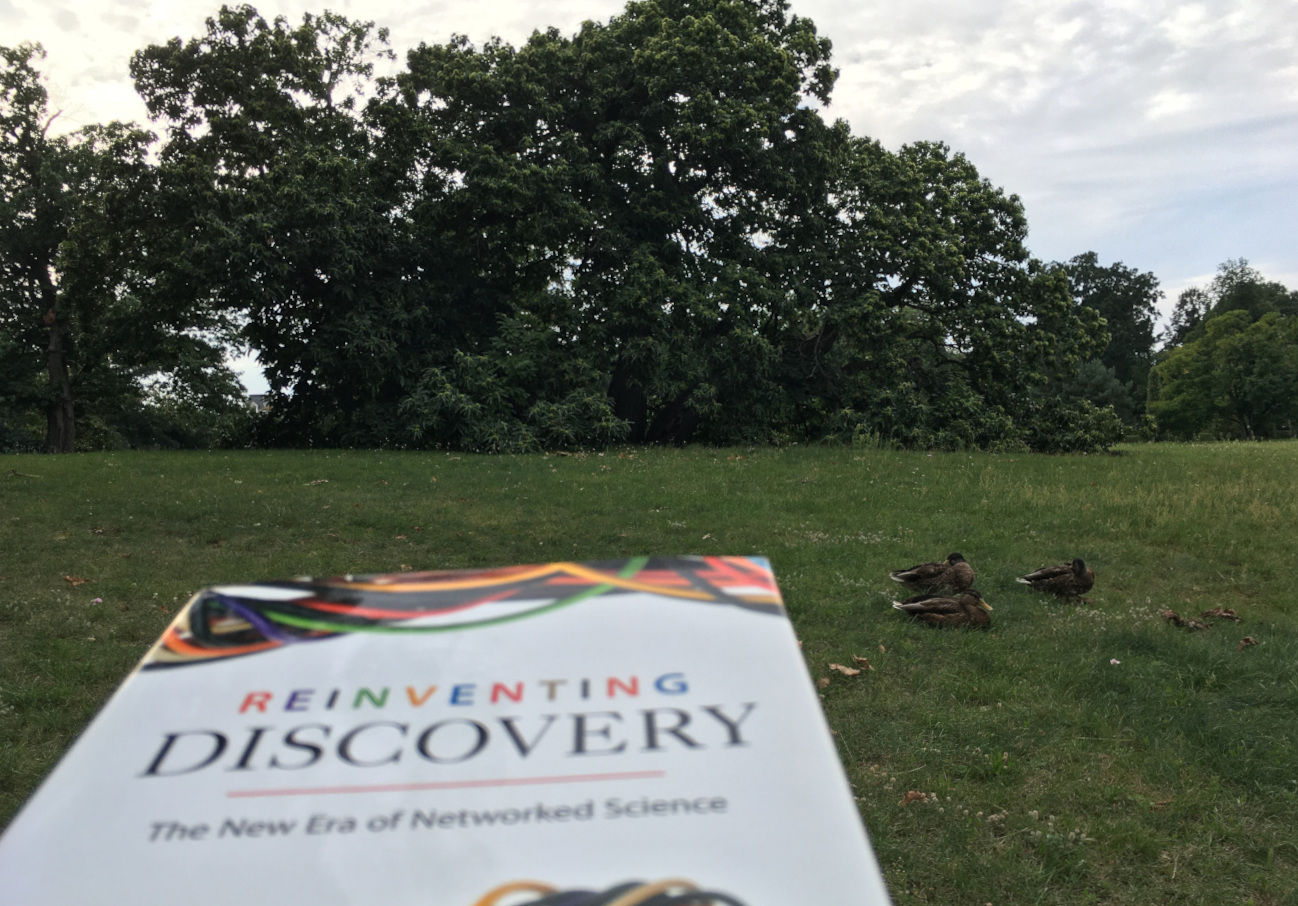 Cover of Michael Nielsen's book Reinventing Discovery, a tree and three ducks in the background